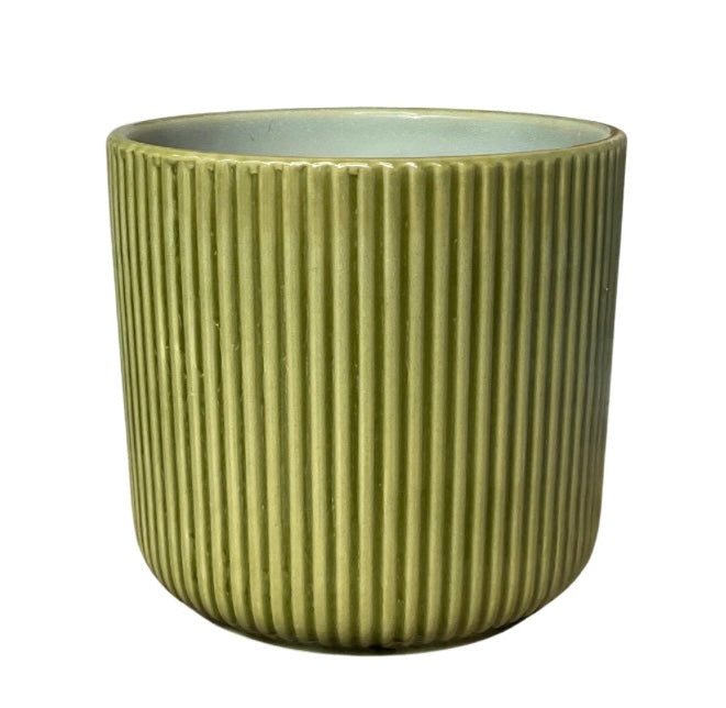 Green ribbed ceramic pot
