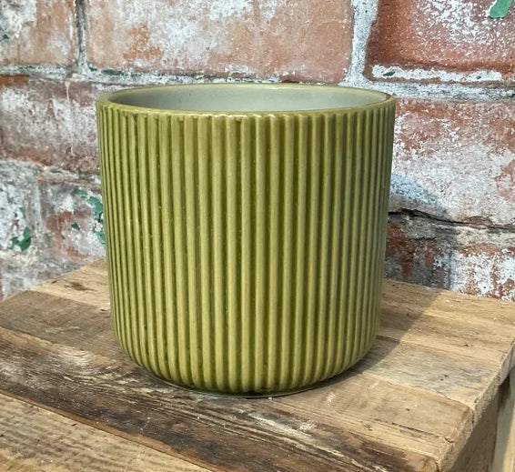 Green ribbed ceramic pot